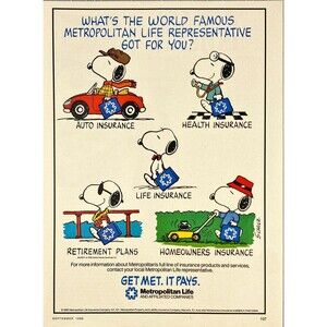 Metropolitan Life "Get Met. It Pays. Snoopy in Costume  Vtg Print Ad 1986